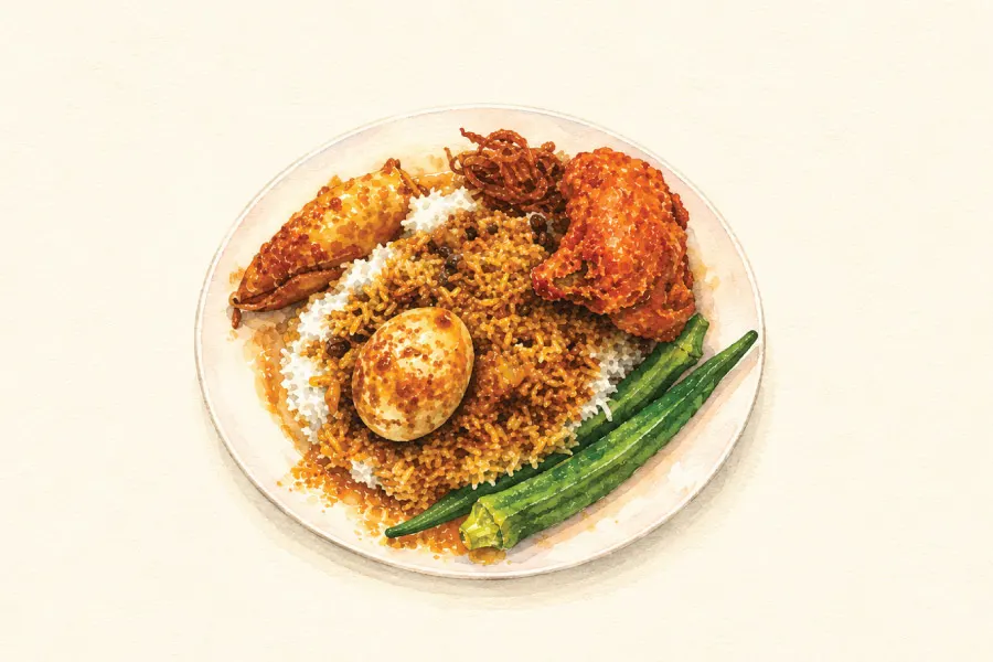 illustration of a plate of steamed white rice served with fried chicken, okra, hard boiled egg and curry squid