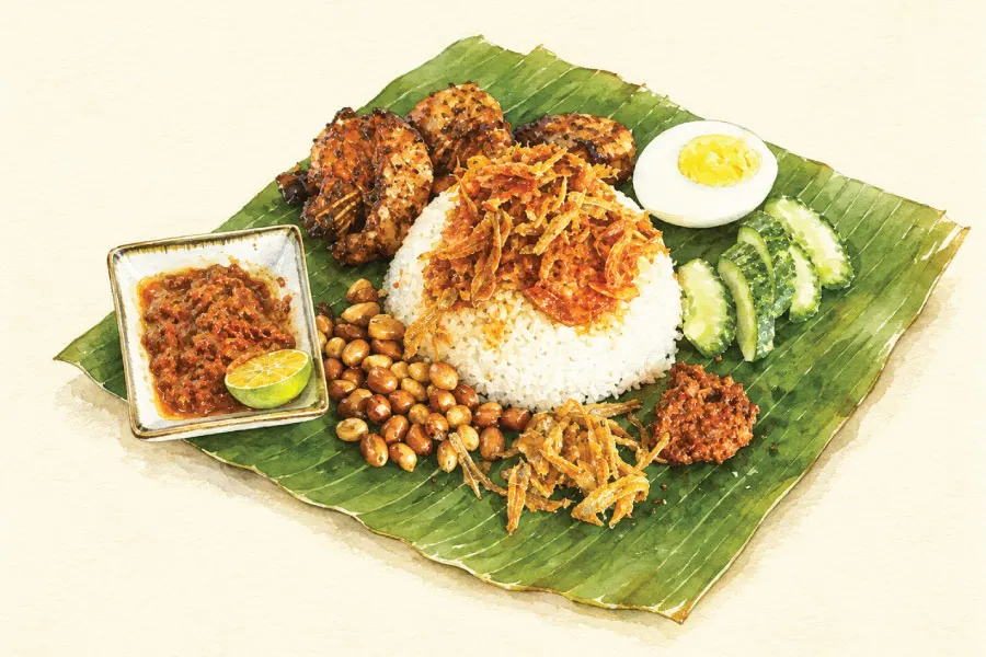 illustration of nasi lemak with sambal, prawn, anchovies, peanuts, cucumber, egg served on a banana leaf